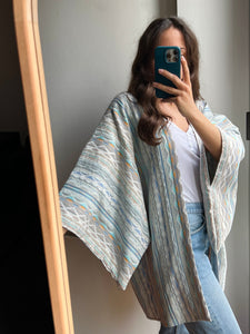 Kimono jacquard panna e azzurro