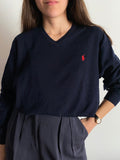 Maglione scollo a v Ralph Lauren blu con stemma rosso